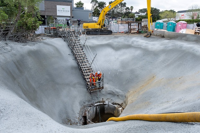 Concrete-spraying on the slope of the sinkhole was carried out to prevent further debris falling into the hole.