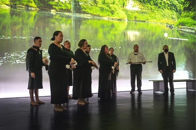Whanganui iwi members perform a tāngaengae ritual to dedicate the mauri of the Aotearoa New Zealand Pavilion.