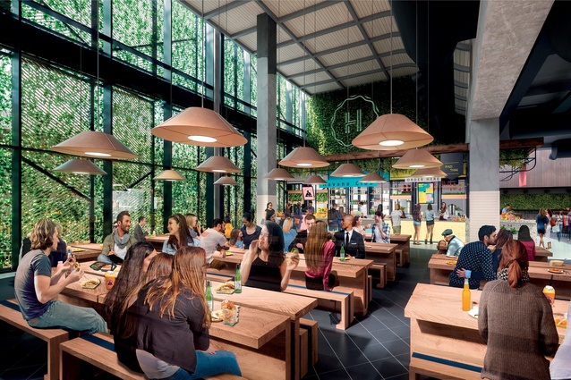 Render of Harbour Eats, the AvroKO-designed food hall due to open in Auckland in 2019. 
