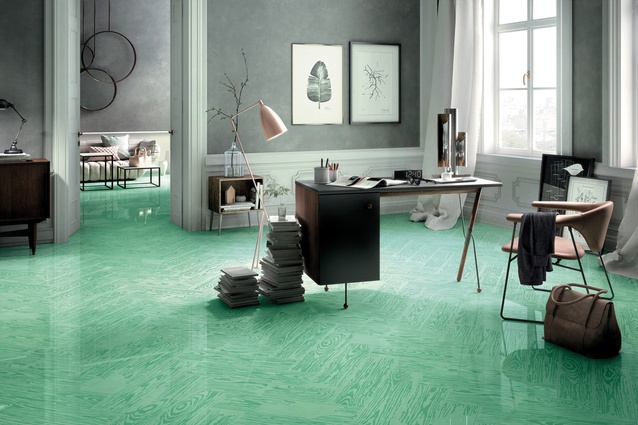 Tiled flooring: Studio Job and Mirage have created a pop-inspired tile collection, called PoPJob. Wood grain is printed into the tiles in neutrals and playful colours like mint green (seen here). 