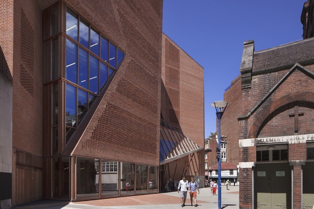 LSE Saw Hock Student Centre, London by O’Donnell + Tuomey Architects. The brick patterning allows the building to be seen at night from the streets like a glowing lattice lantern.