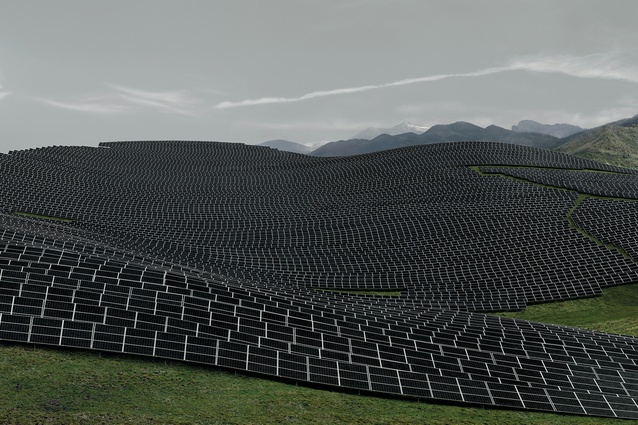 <em>Les Mées</em> (2016) depicts a photovoltaic plant near Marseille in France, where the panels become part of the landscape.
