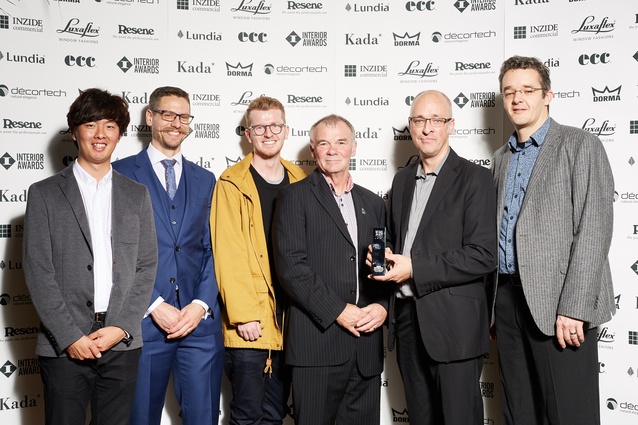 From left to right: Craftsmanship Award winning team: Woo-Min Lee (Andrew Barrie Lab), Cass Goodwin (Ruamoko Solutions), Nathan Swaney (Andrew Barrie Lab), Grant Wilkinson (Ruamoko Solutions), Andrew Barrie (Andrew Barrie Lab) and Thomas Kaestner (Contract Construction).