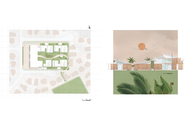 The master plan and key elevation in Tamzyn’s Masters’ thesis, ‘Applying Cook Island Concepts of Family Living to a Contemporary Auckland Context’. 
