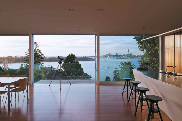 Looking at the Harbour Bridge and Auckland city from the main living space. 