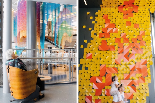Left: The interior features rawa by Ngahina Hohaia and a refurbished chair by
Carin Wilson. Right: Te Ngākau Tomokanga stands at Te Ngākau Civic Square entry threshold.