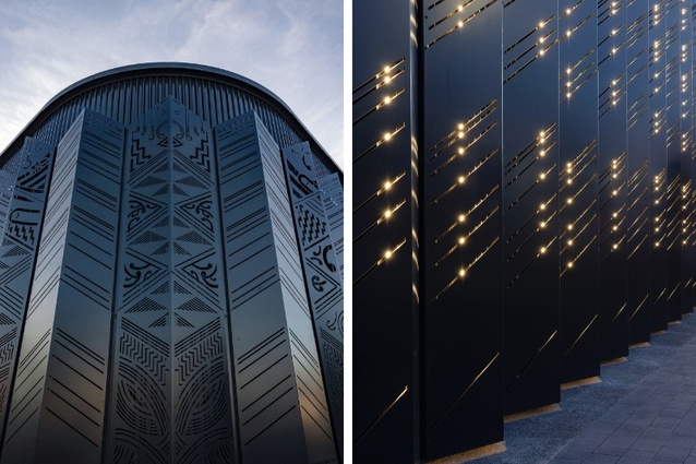 Left: The three most important feathers on the façade (huia, toroa and moa) display an inscription acknowledging the people of Hawke’s Bay, Te Iwi a Te Matau-a-Māui. Right: The folded 6mm laser-cut aluminium feathers are cleverly set off the façade to enable back lighting at night.