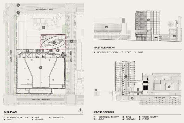 Site plan, east elevation and cross-section.