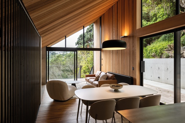 Sumptuous use of cedar offsets the concrete and steel of the construction.