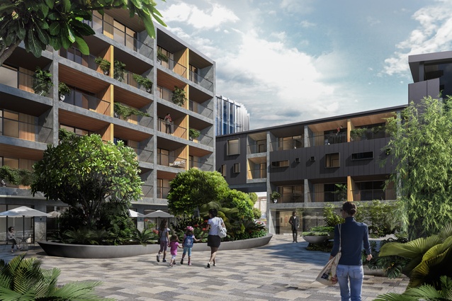 The courtyard offers a shared common green space to the apartment owners and the commercial users at ground level.