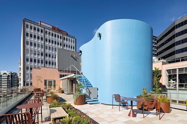 Massey House, refurbished roof terrace with curved lift overrun.