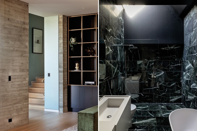 Internal concrete walls are poured in situ; the master en suite in the existing villa features Artedomus honed <a 
href="https://archipro.co.nz/products/emeraude-marble-artedomus"style="color:#3386FF"target="_blank"><u>Green Emeraude marble</u></a> and a Toka Light bath.