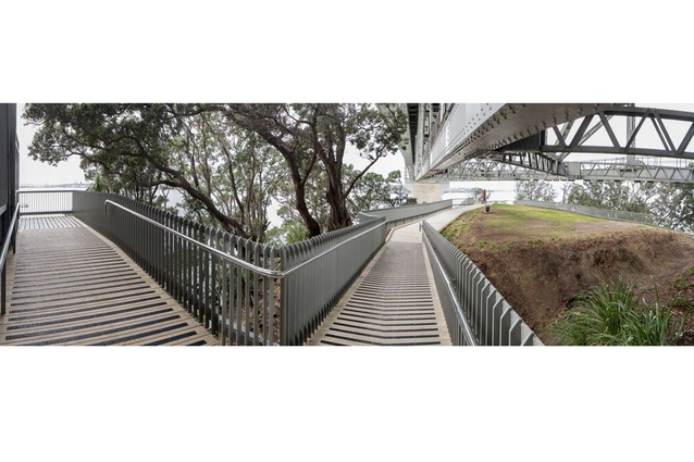 A panoramic shot of the Onewa Pa, showing the raised walkway and specially designed balustrade.