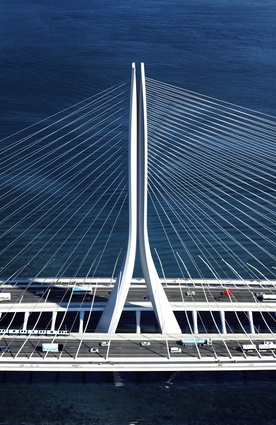 One of the bridge's defining features is its asymmetry, with a single concrete structural mast sitting in the centre of the cable-stayed bridge.