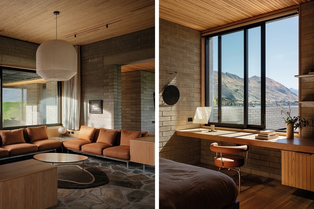 Left: Flanked by the dining area and lanai, the solid form of the lounge anchors the house at its north end. Right: The main bedroom is elevated to capture the view north to Lake Wānaka and the Buchanan Peaks.