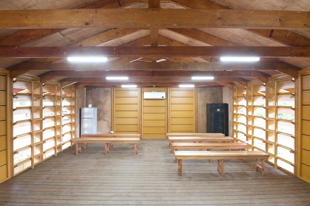 Interior of a Nev House community building, designed by Ken McBryde, for remote communities on cyclone-ravaged Tanna Island in Vanuatu.