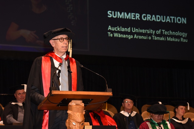 Architect Richard Harris accepting an honorary Doctorate from AUT.