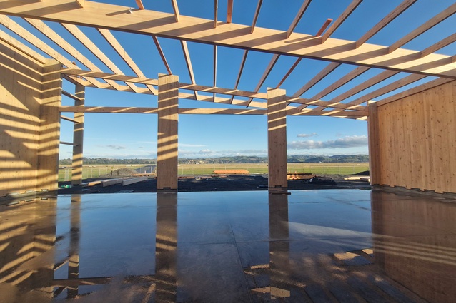 RTA Studio’s Hawkes Bay Airport Fire Station under construction — showing off the mass timber structure. 