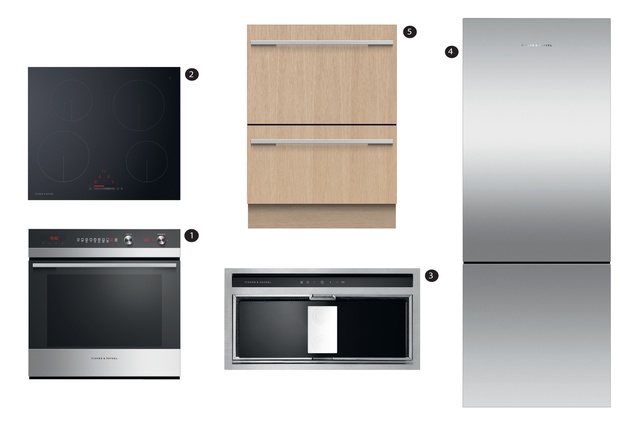 Fisher & Paykel appliances: 1. Built-in Oven, 600mm, 9 Function; 2. Induction Cooktop, 600mm, 4 Zone; 3. Built-in Powerpack Rangehood, 600mm; 4. Activesmart™ Fridge Freezer, 635mm; 5. Integrated Double DishDrawer™ Dishwasher.