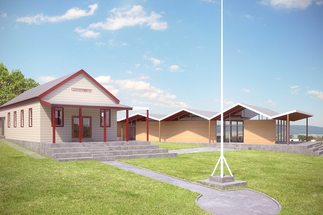 Miria Marae by ĀKAU. Pictured in the middle is Te Rapunga, with the wharekai to the right. An additional wananga/taonga building is being planned to the left of the wharenui.
