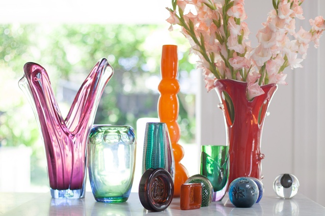 Ron Redel's home is filled with colourful pieces, like this Danish glass collection.