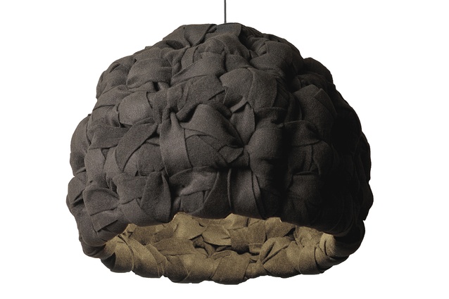 Pessimist pendant light with fabric woven within a metal frame.
