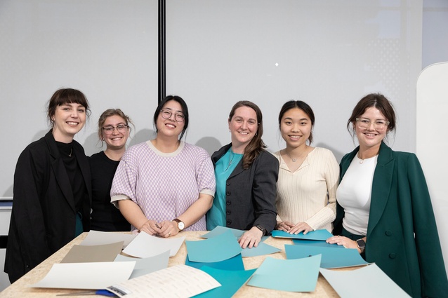 The team from Architecture+Women.NZ (A+W.NZ): From left: Katie Simmonds (Walker Group), Kaea Kerkin (Te Whatu Ora), Wing Chan (PTG Architecture), Selena Sager (Agent of Architecture), Kelly Ting (a student) and Charlotte Dunning (Warren and Mahoney).