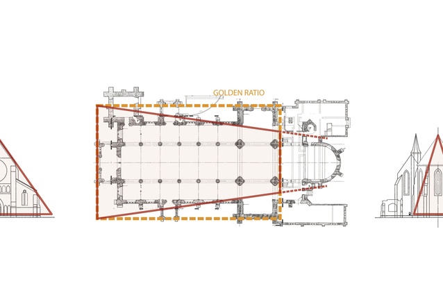 Proportion diagram of original Christchurch Cathedral: west elevation, east elevation and plan.