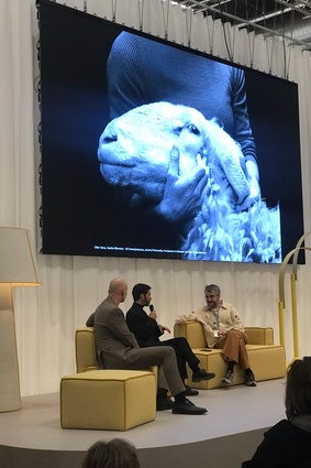 Andre Trimarchi (centre) discusses Forma Fantasma’s Oltre Terra research into the wool industry, which continues to inform their practice. (Displayed at the National Museum of Norway in 2023).