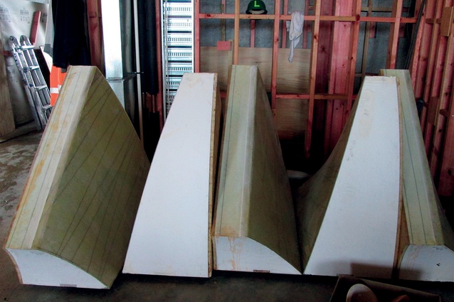 Spiral staircase: a collection of some of the curved base moulds prior to installation. 
