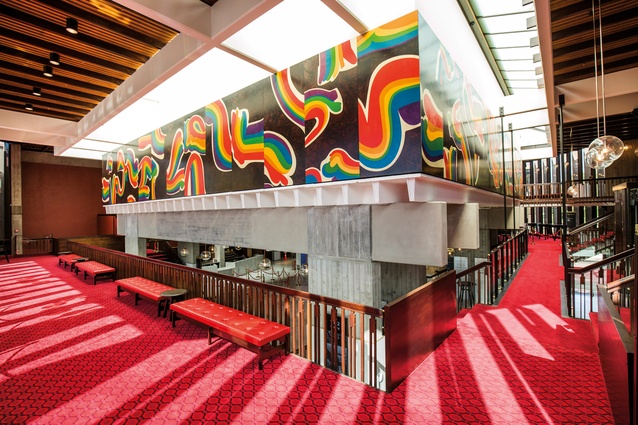 The Kilmore Bar on the mezzanine above the main entrance foyer, with Pat Hanly’s <em>Rainbow Pieces</em> mural.
