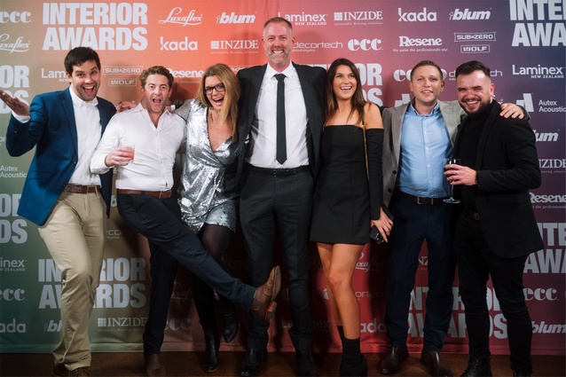 Guests from left: Marco Tonetti and Simon Sheldon (Alaska), finalists for the Workplace over 1000m2 award Asha Page (Warren and Mahoney) and Kerry Wood (Colliers), Briar Sutherland (RCP), Jim Marshall (Alaska) and Ashley Morris (Warren and Mahoney).