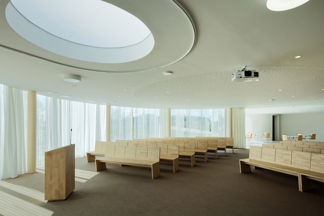 Amiens crematorium, France. A repeating circular motif helps visitors distance themselves from the "world of right angles" encountered in everyday spaces.