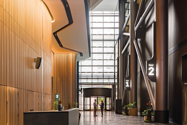 View through the atrium/foyer to the NZICC main entrance on Hobson Street.