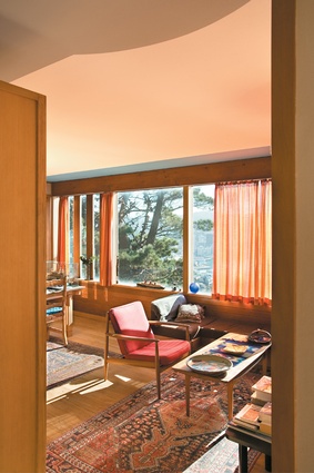The family room on the first floor looks over Oriental Bay and the city.