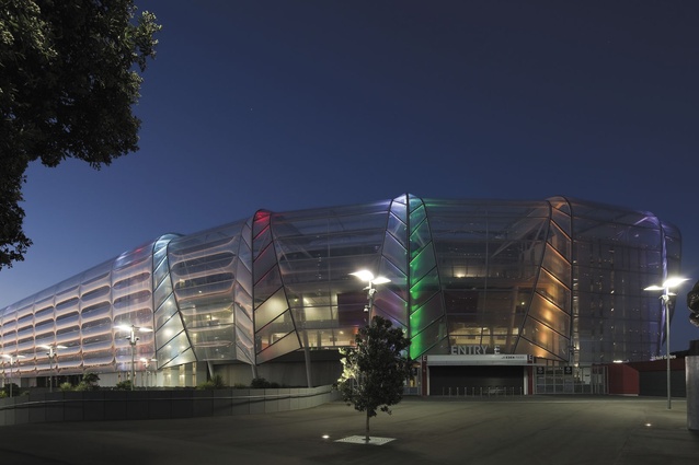 One of the four main entrances, typified by an accommodating plaza. The building's LED-lit fabric can be illuminated in a variety of colours. 