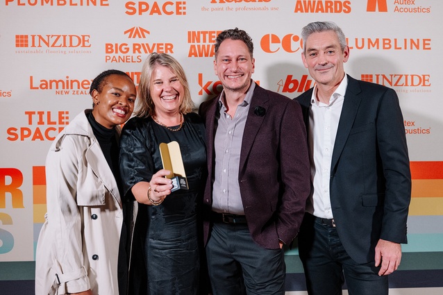 Abigal Simango from Stack Interiors, Anna McInness from UDC Finance, Jesse Smith and David Plaistowe from Stack Interiros, winners of the Workplace over 1000m<sup>2</sup>.