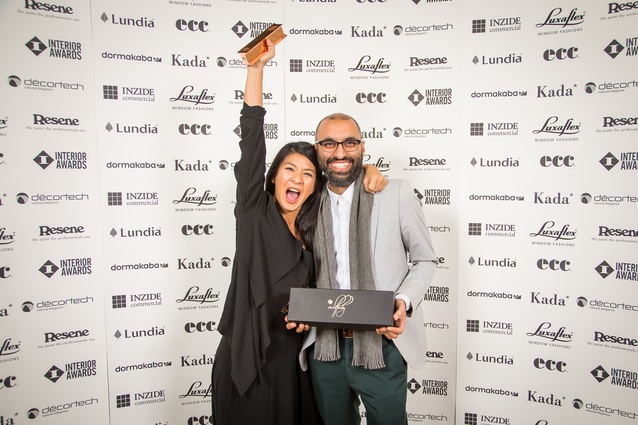 Liz Tjahjana and Sarosh Mulla (PAC studio) celebrate their Installation category finalist award.