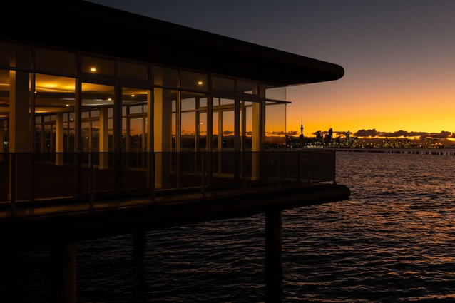 Okahu - Sunset with Auckland city and the Skytower in the distance.