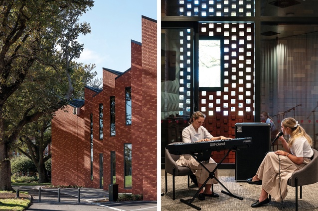 Left: The sawtooth plan orients the foyer and classrooms above towards the playing fields, viewed through 100-year-old oaks. Right: Practice rooms are bound by sliding glass walls on interior and exterior faces. This allows sound to be isolated or emitted through the perforated façade onto the surrounding campus.