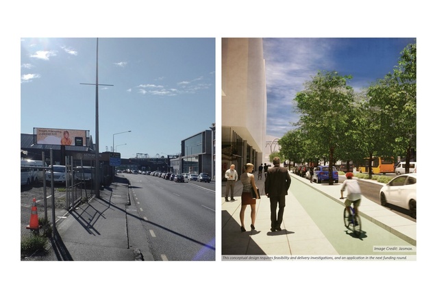 Concept design – before and after view of Grafton area. Urban regeneration could create a new liveable district and unite Parnell with the city centre and waterfront.