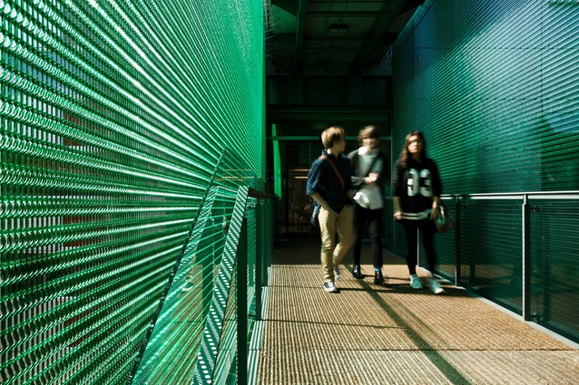 Kate Edger Building walkway. The coloured polycarbonate mesh by Kaynemaile creates a dappled light that moves and shimmers in the breeze.
