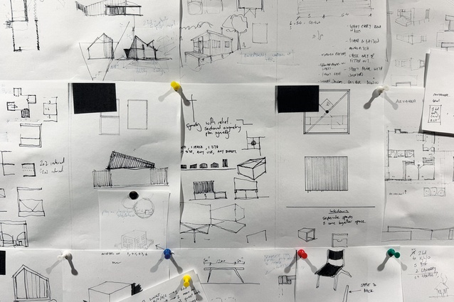 Various pages from Tim’s sketch book of unrealised ideas and explorations pinned up in the kitchen to encourage discussion.
