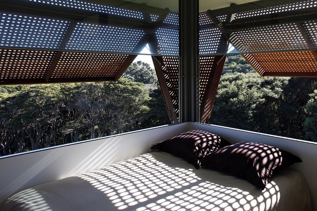 Waiheke Island House interior, 2007. The upper floor is divided into diminutive guest rooms, where latticed shutters give shade from the western sun.