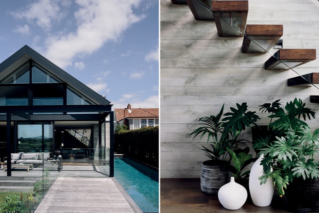 L: The rear of the house features modern black steel joinery, glazing and a large deck. R: The floating American oak stairs contrasts visually against the shuttered concrete wall.
