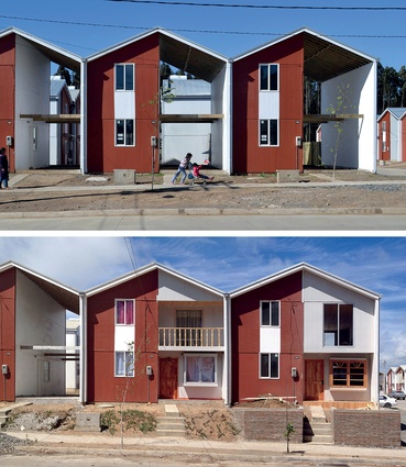 Post-tsunami reconstruction: Villa Verde housing in Constitución, Chile, built as half houses. After eight months, many of the houses were being customised by the tenants.