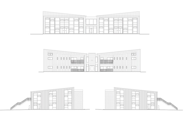 Learning House elevations: western (top), eastern (middle), southern (bottom left) and northern (bottom right).