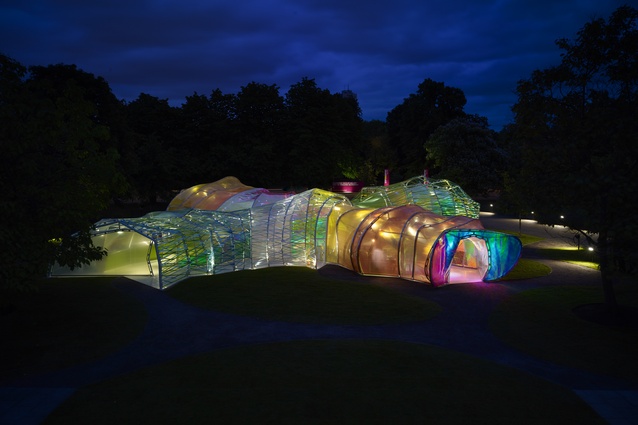 2015 Serpentine Gallery, London by SelgasCano. A minimal steel frame wrapped in multi-coloured ETFE sheets and webbing, the design focuses on the creation of "secret corridors".