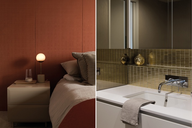 The bedroom is lined in terracotta-coloured silk wall panels, which give it a sense of warmth and fit with the art deco theme of the apartment; the bathroom tiles are gold mosaic from Artedomus.