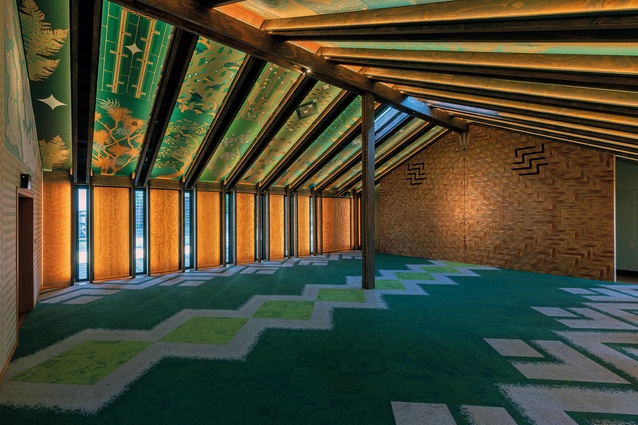 Interior of the wharenui Te Whaioranga o Te Whaiao, Te Rau Karamu Marae, Massey University Pukeahu campus, opened in 2021 and designed by Te Kāhui Toi collective and Athfield Architects.